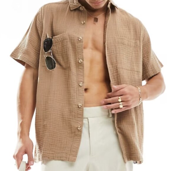 Brown ASOS Unisex Relaxed Cheesecloth Shirt | Mens Large - Picture 1 of 4